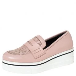Stella McCartney Pink Faux Leather And Lace Penny Platform Loafers Size 38 For Women