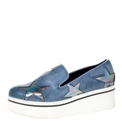 Stella McCartney Blue Faux Leather Binx Star Slip-On Platform Sneakers Size 36 For Women