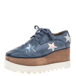 Stella McCartney Blue Faded Effect Faux Leather Elyse Star Platform Derby Size 37 For Women