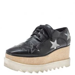 Stella McCartney Black Faux Leather Elyse Star Platform Lace Up Booties Size 37 For Women