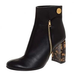 Stella McCartney Black Faux Leather Tortoise Block Heel "Percy" Ankle Booties Size 37.5 For Women