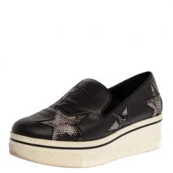 Stella McCartney Black Faux Leather And Multicolor Faux Snake Print Binx Star Platform Slip On Sneakers Size 38 For Women