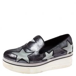 Stella McCartney Black Shimmery Faux Leather And Grey Satin Binx Star Platform Slip On Sneakers Size 37 For Women