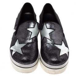 Stella McCartney Black Shimmery Faux Leather And Grey Satin Binx Star Platform Slip On Sneakers Size 37 For Women -Stella McCartney Sales luxury women stella mccartney used shoes p328603 005