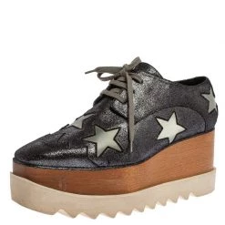 Stella McCartney Metallic Black Faux Leather Star Platform Derby Size 40 For Women