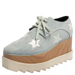 Stella McCartney Light Blue Denim Fabric Elyse Stars Platform Lace Up Sneakers Size 35 For Women