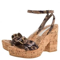 Stella McCartney Brown/Black Python Effect Faux Leather And Cork Platform Ankle Strap Sandals Size 38 For Women -Stella McCartney Sales luxury women stella mccartney used shoes p347370 001