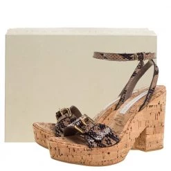 Stella McCartney Brown/Black Python Effect Faux Leather And Cork Platform Ankle Strap Sandals Size 38 For Women -Stella McCartney Sales luxury women stella mccartney used shoes p347370 002