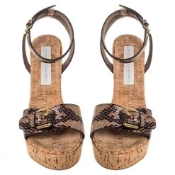 Stella McCartney Brown/Black Python Effect Faux Leather And Cork Platform Ankle Strap Sandals Size 38 For Women -Stella McCartney Sales luxury women stella mccartney used shoes p347370 006