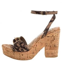 Stella McCartney Brown/Black Python Effect Faux Leather And Cork Platform Ankle Strap Sandals Size 38 For Women -Stella McCartney Sales luxury women stella mccartney used shoes p347370 007