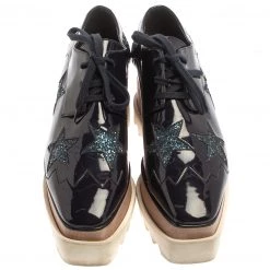 Stella McCartney Blue Faux Patent Leather And Glitter Elyse Star Platform Derby Sneakers Size 37 For Women -Stella McCartney Sales luxury women stella mccartney used shoes p371965 007