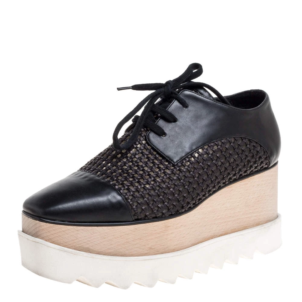 Stella McCartney Black Woven Faux Leather Elyse Platform Derby Sneakers Size 37 For Women 3 Stella McCartney Black Woven Faux Leather Elyse Platform Derby Sneakers Size 37 For Women