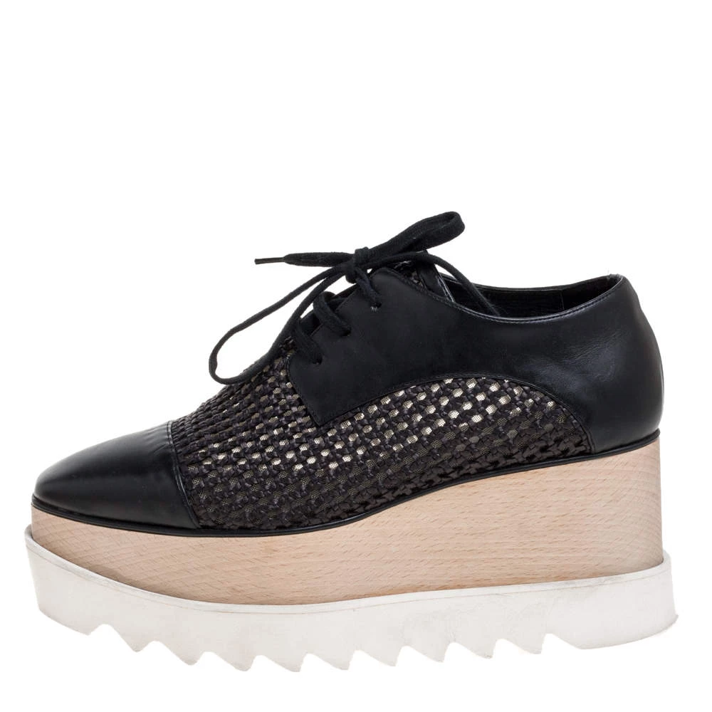 Stella McCartney Black Woven Faux Leather Elyse Platform Derby Sneakers Size 37 For Women 4 Stella McCartney Black Woven Faux Leather Elyse Platform Derby Sneakers Size 37 For Women - Image 2
