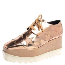 Stella McCartney Rose Gold Faux Patent Leather Elyse Star Platform Sneakers Size 38.5 For Women