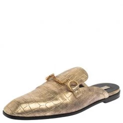 Stella McCartney Gold Faux Croc Embossed Leather Flat Mules Size 38.5 For Women