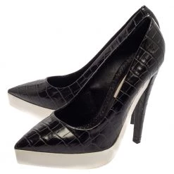 Stella McCartney Black Faux Croc Embossed Leather Pointed Toe Platform Pumps Size 39.5 For Women -Stella McCartney Sales luxury women stella mccartney used shoes p384752 006