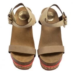 Stella McCartney Cream Suede Ankle Strap Wedge Sandals Size 39 For Women -Stella McCartney Sales luxury women stella mccartney used shoes p384775 006