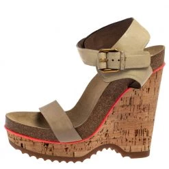 Stella McCartney Cream Suede Ankle Strap Wedge Sandals Size 39 For Women -Stella McCartney Sales luxury women stella mccartney used shoes p384775 007
