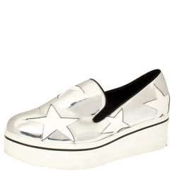 Stella McCartney Metallic Silver Faux Leather Binx Star Platform Slip On Sneakers Size 41 For Women