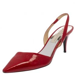 Stella McCartney Red Faux Patent Leather Slingback Pointed Toe Sandals Size 37.5 For Women