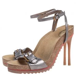 Stella McCartney Metallic Grey Faux Leather Ankle Strap Sandals Size 38 For Women -Stella McCartney Sales luxury women stella mccartney used shoes p405084 001