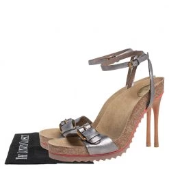 Stella McCartney Metallic Grey Faux Leather Ankle Strap Sandals Size 38 For Women -Stella McCartney Sales luxury women stella mccartney used shoes p405084 002