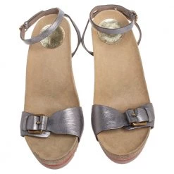 Stella McCartney Metallic Grey Faux Leather Ankle Strap Sandals Size 38 For Women -Stella McCartney Sales luxury women stella mccartney used shoes p405084 007