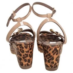 Stella McCartney Beige Faux Patent Leather Linda Leopard Print Cork Wedge Sandals Size 36 For Women -Stella McCartney Sales luxury women stella mccartney used shoes p406329 003