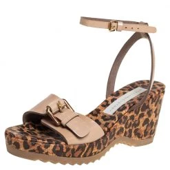 Stella McCartney Beige Faux Patent Leather Linda Leopard Print Cork Wedge Sandals Size 36 For Women