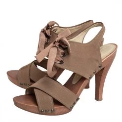 Stella McCartney Brown Fabric Platform Ankle Tie Sandals Size 39 For Women -Stella McCartney Sales luxury women stella mccartney used shoes p414630 002