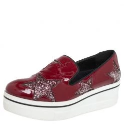 Stella McCartney Red Faux Patent Leather Slip On Platform Sneakers Size 38 For Women