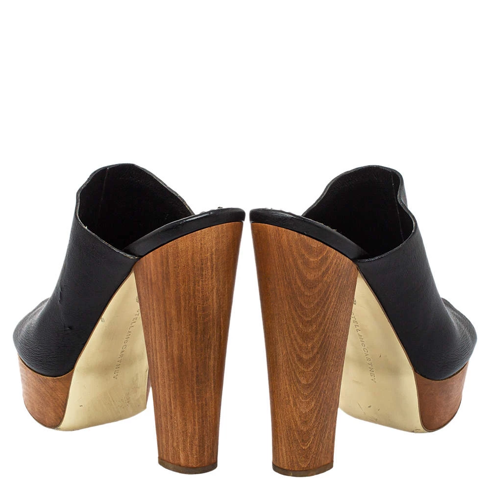 Stella McCartney Black Faux Leather Wooden Block Heel Platform Sandals Size 38.5 For Women 7 Stella McCartney Black Faux Leather Wooden Block Heel Platform Sandals Size 38.5 For Women - Image 5