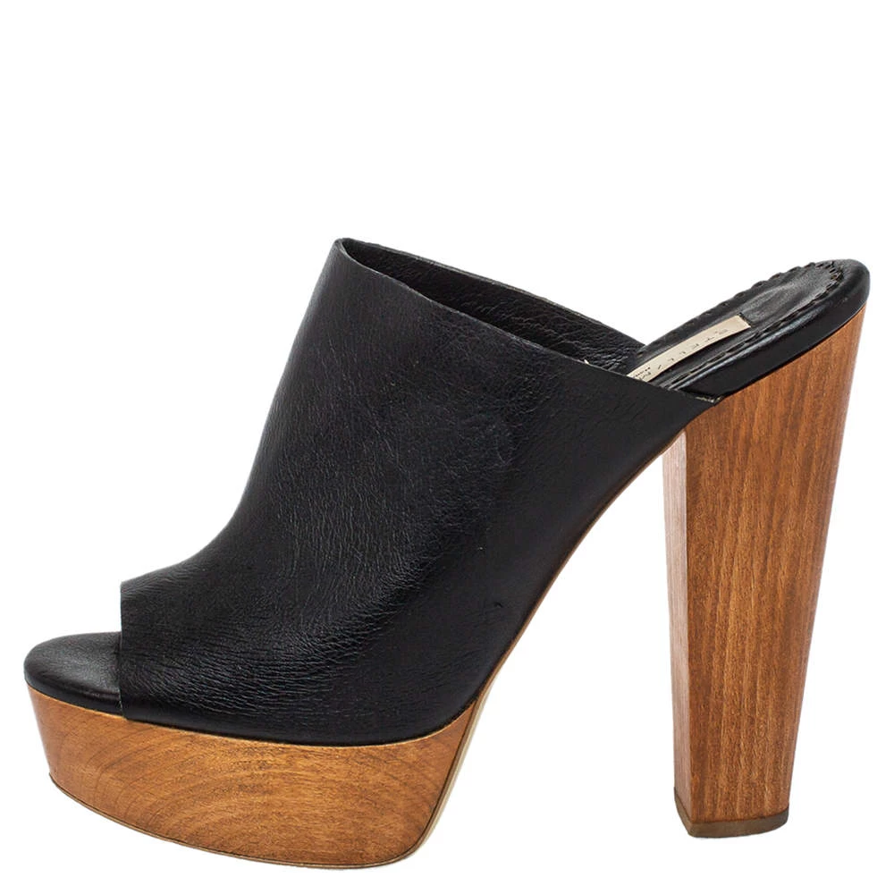 Stella McCartney Black Faux Leather Wooden Block Heel Platform Sandals Size 38.5 For Women 4 Stella McCartney Black Faux Leather Wooden Block Heel Platform Sandals Size 38.5 For Women - Image 2