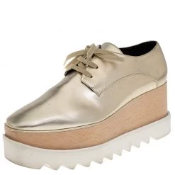 Stella McCartney Gold Faux Leather Wedge Sneakers Size 38.5 For Women