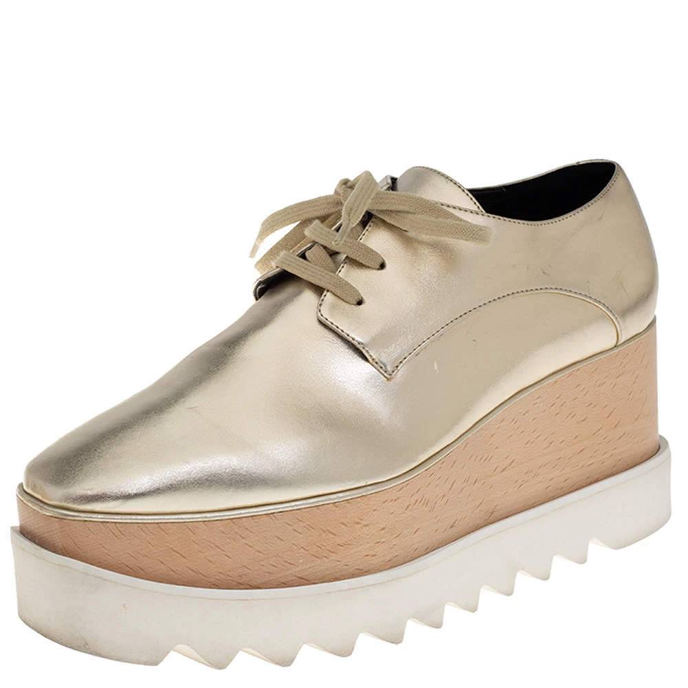 Stella McCartney Gold Faux Leather Wedge Sneakers Size 38.5 For Women 3 Stella McCartney Gold Faux Leather Wedge Sneakers Size 38.5 For Women