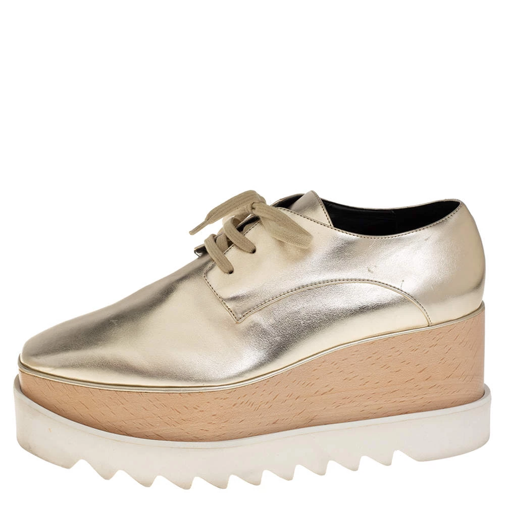 Stella McCartney Gold Faux Leather Wedge Sneakers Size 38.5 For Women 4 Stella McCartney Gold Faux Leather Wedge Sneakers Size 38.5 For Women - Image 2
