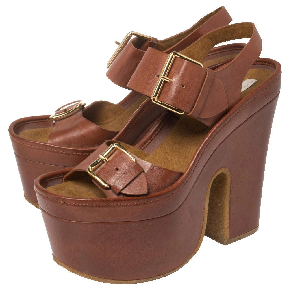 Stella McCartney Brown Faux Leather Buckle Block Heel Platform Sandals Size 40 For Women 6 Stella McCartney Brown Faux Leather Buckle Block Heel Platform Sandals Size 40 For Women - Image 4