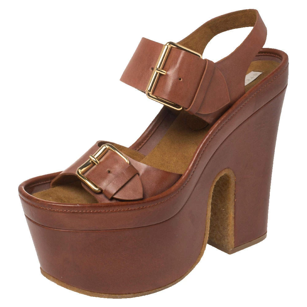 Stella McCartney Brown Faux Leather Buckle Block Heel Platform Sandals Size 40 For Women 3 Stella McCartney Brown Faux Leather Buckle Block Heel Platform Sandals Size 40 For Women