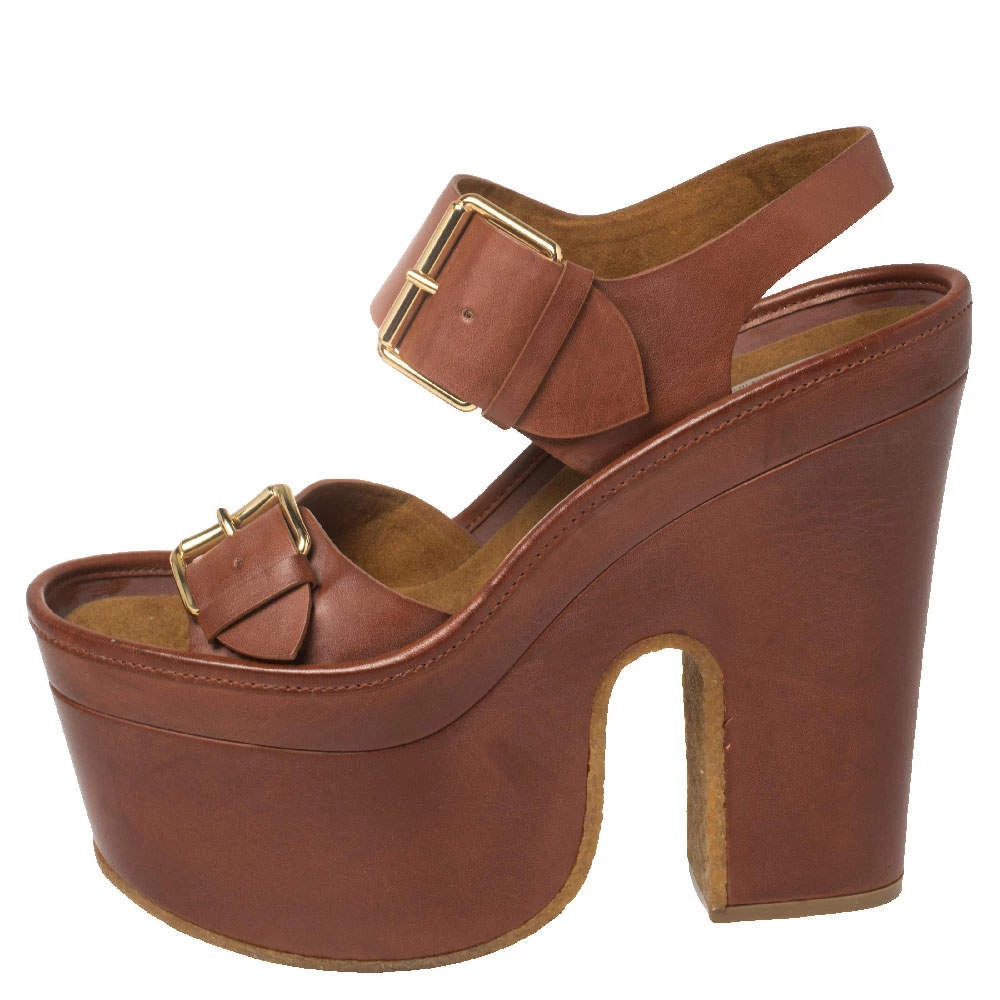 Stella McCartney Brown Faux Leather Buckle Block Heel Platform Sandals Size 40 For Women 4 Stella McCartney Brown Faux Leather Buckle Block Heel Platform Sandals Size 40 For Women - Image 2