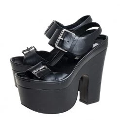 Stella McCartney Black Faux Leather Buckle Block Heel Sandals Size 38 For Women -Stella McCartney Sales luxury women stella mccartney used shoes p451938 004