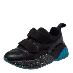 Stella McCartney Black Faux Leather And Faux Suede Eclypse Velcro Low Top Sneakers Size 39 For Women