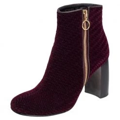 Stella McCartney Burgundy Woven Velvet Block Heel Ankle Booties Size 38 For Women