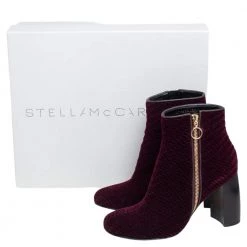 Stella McCartney Burgundy Woven Velvet Block Heel Ankle Booties Size 38 For Women -Stella McCartney Sales luxury women stella mccartney used shoes p465462 008