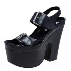Stella McCartney Black Faux Leather Buckle Block Heel Platform Sandals Size 40 For Women