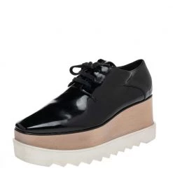 Stella McCartney Black Faux Patent Leather Elyse Platform Derby Size 40 For Women