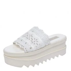 Stella McCartney White Floral Embroidered Cut Out Faux Leather Platform Slide Sandals Size 36 For Women