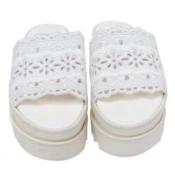 Stella McCartney White Floral Embroidered Cut Out Faux Leather Platform Slide Sandals Size 36 For Women -Stella McCartney Sales luxury women stella mccartney used shoes p479891 007