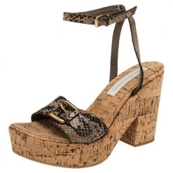 Stella McCartney Beige Faux Python Leather Cork Platform Sandals Size 39 For Women