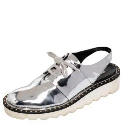 Stella McCartney Metallic Silver Faux Leather Odette Slingback Flats Size 37 For Women