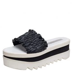 Stella McCartney Black Ruffle Faux Leather Platform Slide Sandals Size 39 For Women